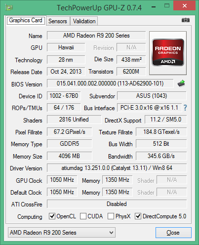 Скриншот GPU-Z ASUS Radeon R9 290X DirectCU II OC