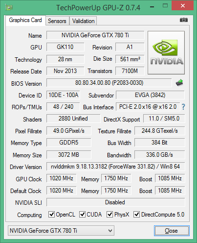Скриншот GPU-Z видеокарты EVGA GeForce GTX 780 Ti Classified ACX