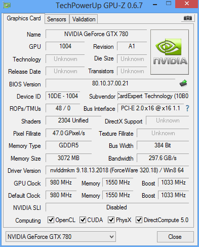 gainward gtx780 phantom glh gpuz