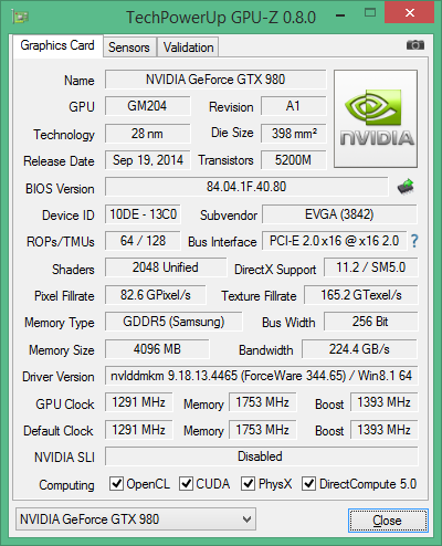 GPU-Z-Screenshot der EVGA GeForce GTX 980 Classified