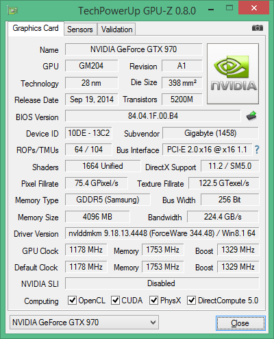 Скриншот GPU-Z видеокарты Gigabyte GeForce GTX 970 G1.Gaming