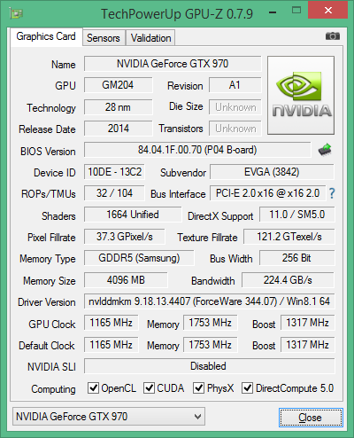 GPU-Z-Screenshot der EVGA GeForce GTX 970 Superclocked