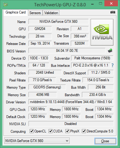 Скриншот GPU-Z видеокарты Palit GeForce GTX 980 Super Jetstream