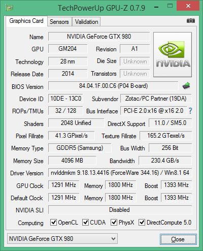 Скриншот GPU-Z видеокарты Zotac GeForce GTX 980 AMP! Extreme Edition