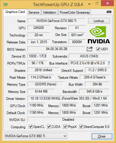 Скриншот GPU-Z видеокарты ASUS GeForce GTX 980 Ti Strix