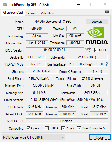 Скриншот GPU-Z ASUS ROG Matrix GeForce GTX 980 Ti