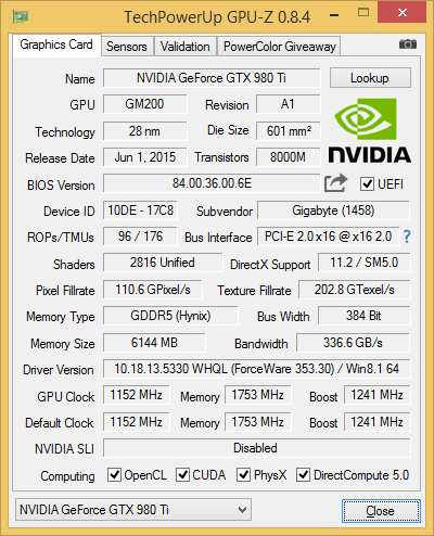 Скриншот GPU-Z видеокарты Gigabyte GeForce GTX 980 Ti G1 Gaming