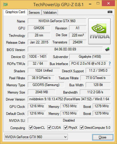 GPU-Z-Screenshot der Gigabyte GeForce GTX 960 WindForce 2X OC