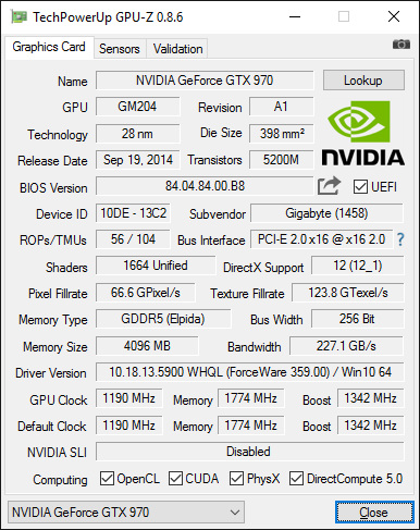 Скриншот GPU-Z видеокарты Gigabyte GeForce GTX 970 Xtreme Gaming 