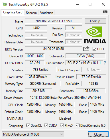 Скриншот GPU-Z видеокарты EVGA GeForce GTX 950 FTW