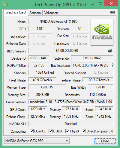 Скриншот GPU-Z видеокарты EVGA GeForce GTX 960 SuperSC