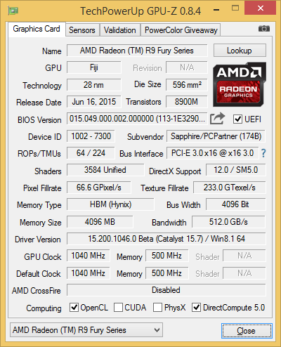 Скриншот GPU-Z видеокарты Saphhire Radeon R9 Fury Tri-X OC