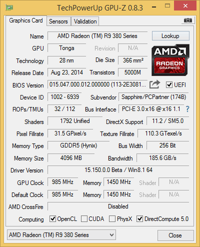 GPU-Z-Screenshot der Sapphire Nitro R9 380 OC