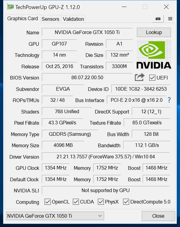 Скриншот GPU-Z EVGA GeForce GTX 1050 Ti SC