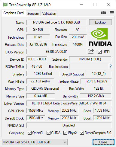Скриншот GPU-Z видеокарты NVIDIA GeForce GTX 1060 Founders Edition