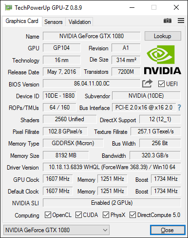 Скриншот GPU-Z - NVIDIA GeForce GTX 1080 в SLI