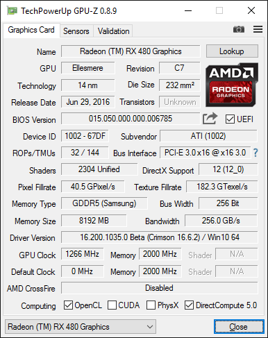 Скриншот GPU-Z видеокарты AMD Radeon RX 480