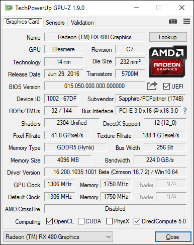 Скриншот GPU-Z видеокарты Sapphire Radeon RX 480 Nitro+