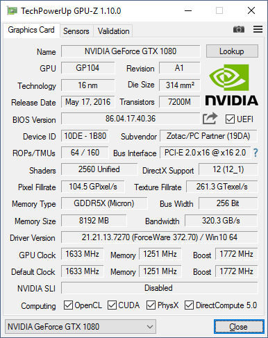 GPU-Z-Screenshot zur Zotac GeForce GTX 1080 ArcticStorm