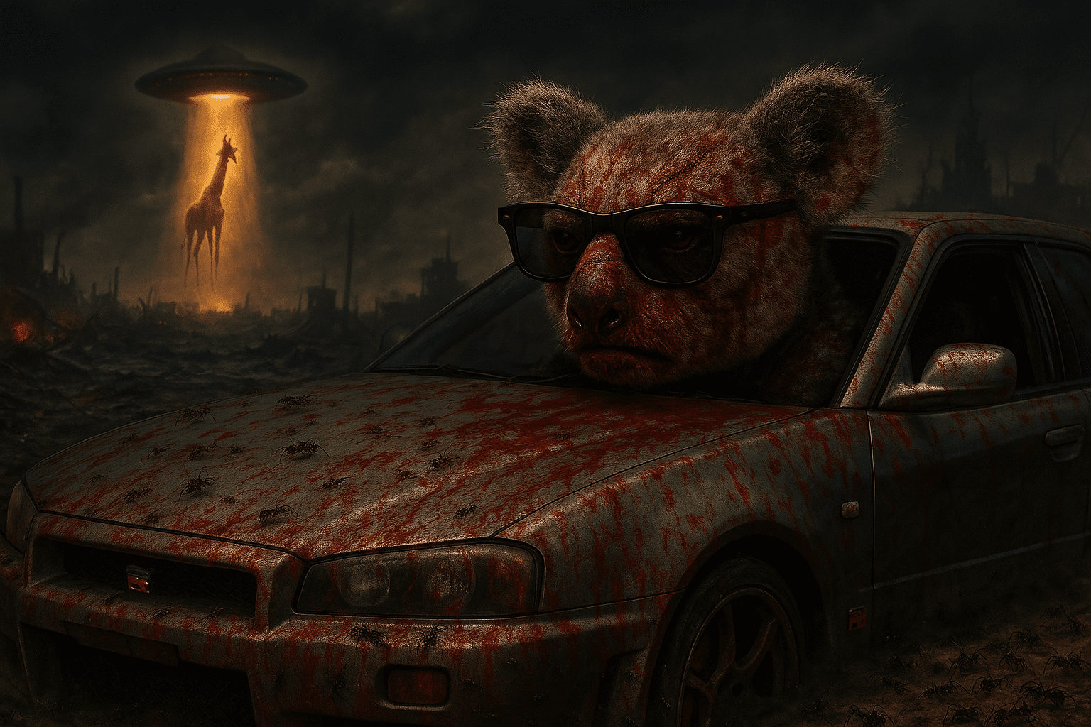 High realistic 4k Auflösung von der Seite.  Ein Koala Bär der eine Sonnenbrille an hat und aus einem driftenen gtr r34 raus schaut.#  Dieser fährt blutüberströmt durch eine Horde Ameisen  und die Darstellung ist eine apokalyptische Stimmung mit einem düsteren erscheinen und einem kriegsähnlichen Schauplatz.  Der Koala soll zudem deutlich detaillierter und realistischer mit Narben im Gesicht und brutaler aussehen.  Im Hintergrund weiter weg sieht man eine leuchtende heilige Giraffe welche von einer runden fliegenden Untertasse nach oben gebeamt wird und schon ca. ein Drittel hoch schwebt.  Die Perspektive ist von deutlich weiter weg um den gesamten Schauplatz überblicken zu können