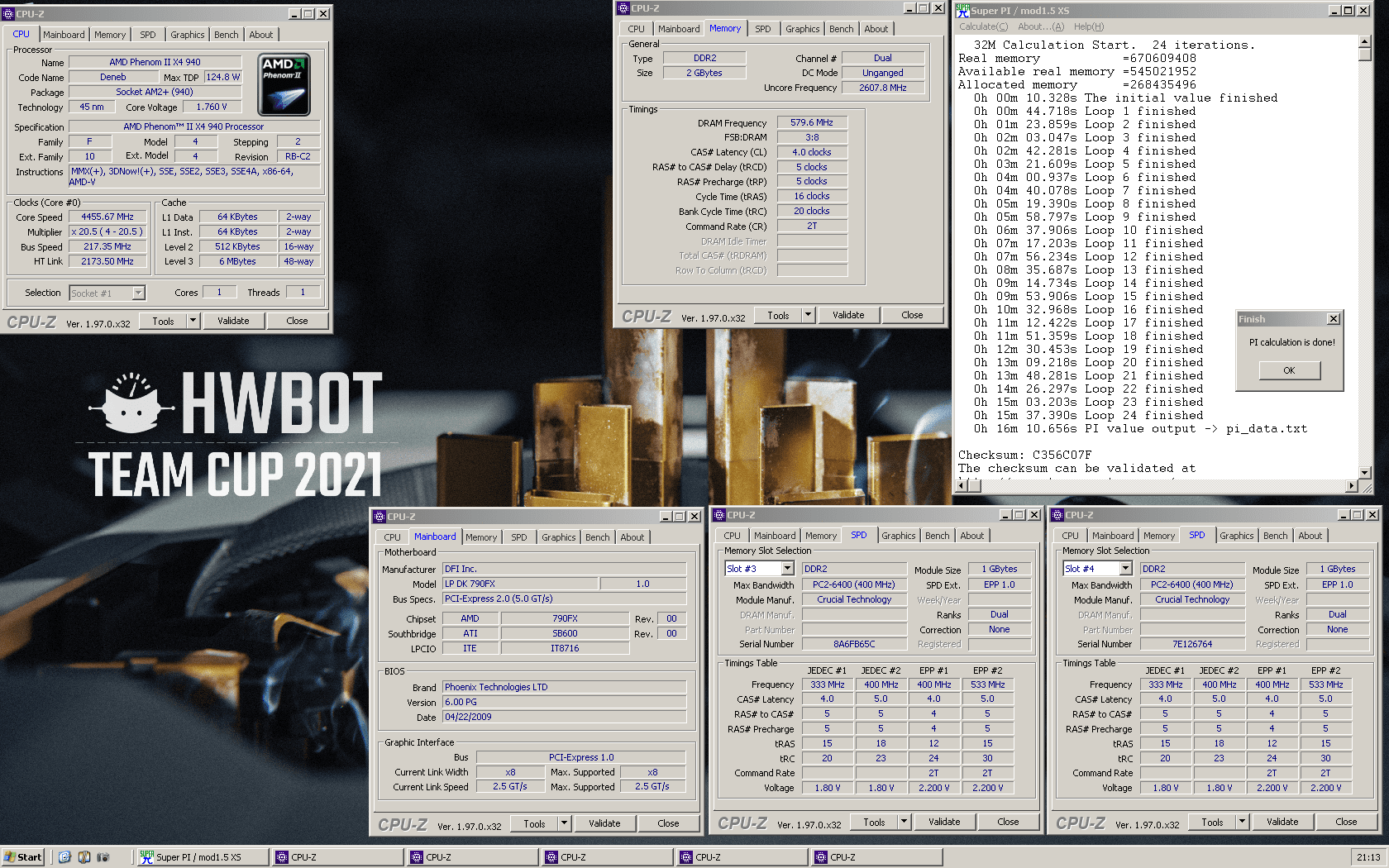 DFI_790FX_Phenom II 940BE 4455MHz-1159.2MHz DDR2 - C4-5-5 2T-Uncore 2607MHz - Unganged - PI 32...png