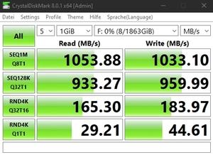 Die USB-3.2-Gen2-Performance über den Thunderbolt-4-Controller (Intel JHL8540).