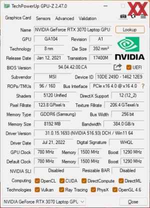 GPUz und CPUz des MSI Katana GF76 11UG