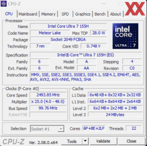 CPUz Intel Core Ultra 7 155H