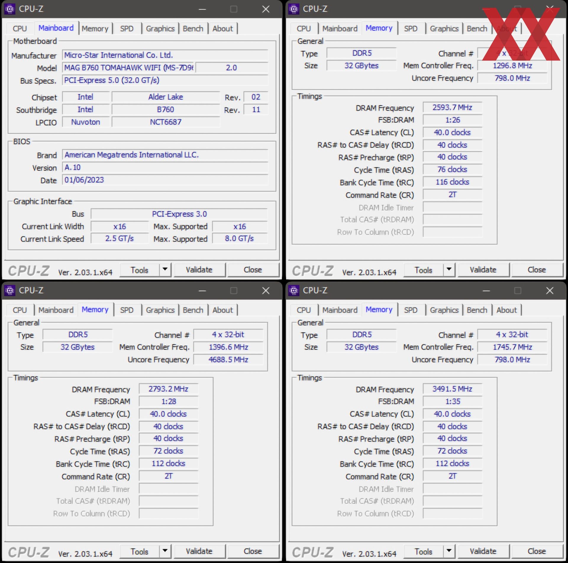oben links: RAM-OC (XMP), unten links: RAM-OC (DDR5-5600), unten rechts: RAM-OC (DDR5-7000)