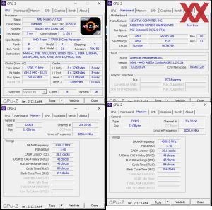 links oben: CPU-OC; unten links: RAM-OC (XMP); unten rechts: manuelles RAM-OC