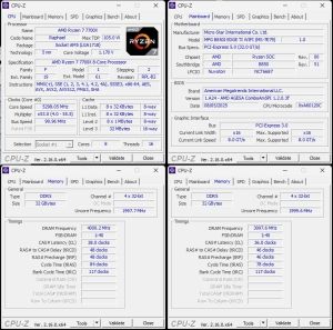 links oben: CPU-OC; unten links: RAM-OC (XMP); unten rechts: manuelles RAM-OC