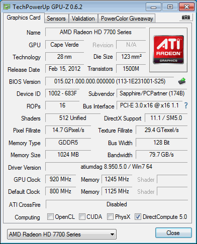 sapphire radeon hd 7750 low-profile gpuz