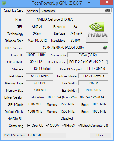 Die technischen Daten der EVGA GeForce GTX 670 FTW Signature 2
