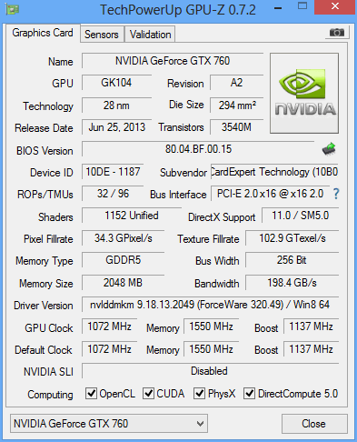 gainward gtx 760 phantom gpuz
