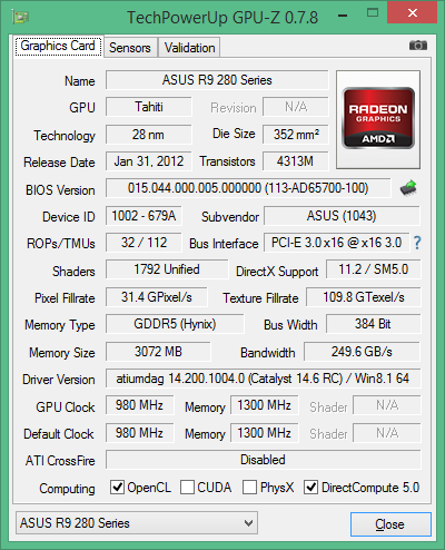 GPU-Z-Screenshot: ASUS Radeon R9 280 DirectCU II Top