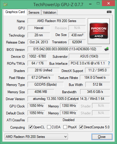 GPU-Screenshot der ASUS ROG Matrix Radeon R9 290X Platinum