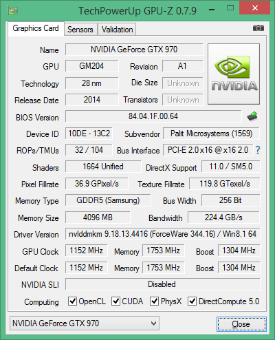 GPU-Z-Screenshot der Palit GeForce GTX 970 Jetstream
