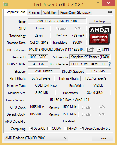 GPU-Z-Screenshot der Sapphire Radeon R9 390X Tri-X OC