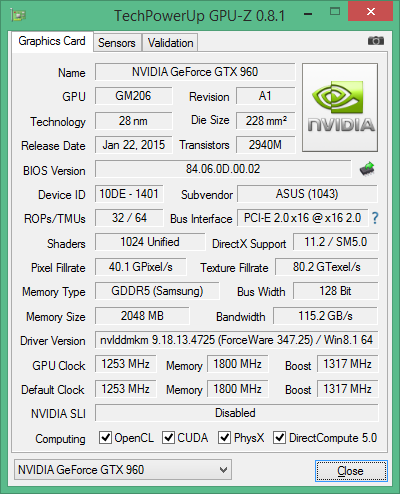 GPU-Z-Screenshot der ASUS GeForce GTX 960 Strix OC