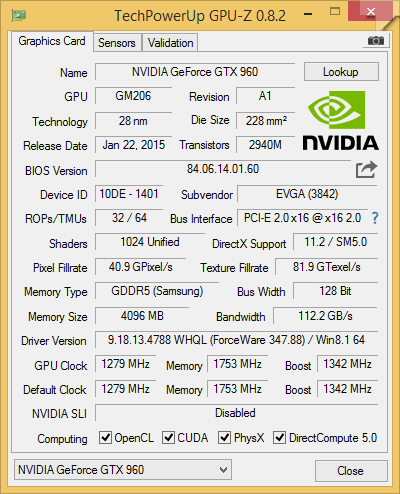GPUz-Screenshot der EVGA GeForce GTX 960 SSC mit 4 GB.