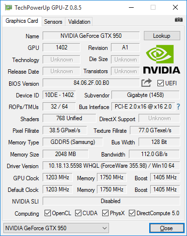 GPU-Z-Screenshot zur Gigabyte GeForce GTX 950 Xtreme Gaming