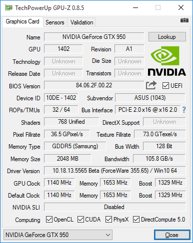 GPU-Z-Screenshot der ASUS GeForce GTX 950 Strix