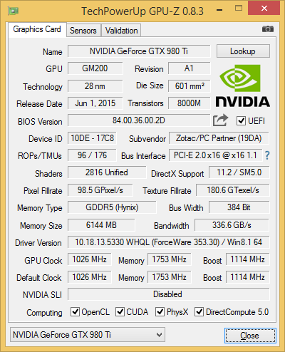 GPU-Z-Screenshot der Zotac GeForce GTX 980 Ti ArcticStorm