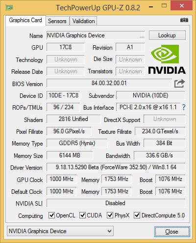 GPU-Z-Screenshot der NVIDIA GeForce GTX 980 Ti