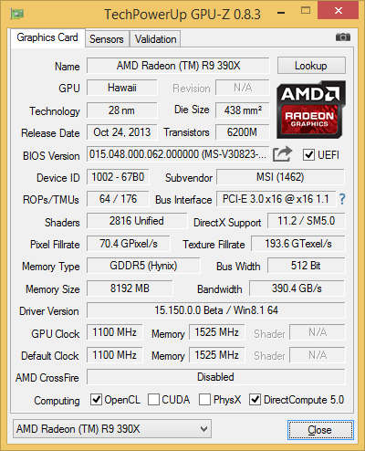 GPU-Z-Screenshot der MSI Radeon R9 390X Gaming 8G