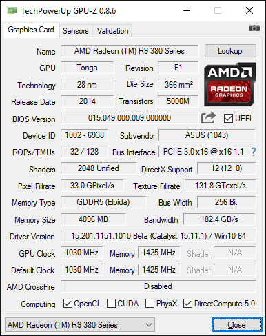 GPU-Z-Screenshot zur ASUS Radeon R9 380X Strix OC