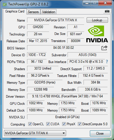 Vier GeForce GTX Titan X im GPU-Z-Screenshot