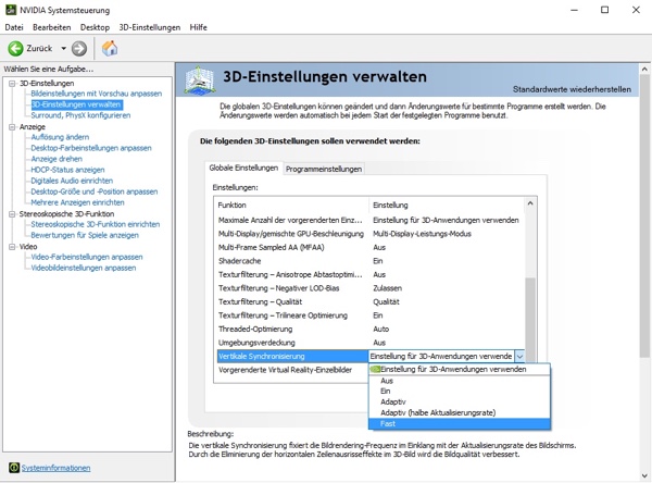 Fast Sync im Control Panel des NVIDIA-Treibers