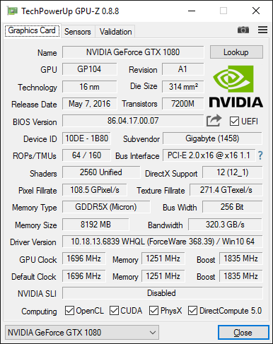 GPU-Z-Screenshot zur Gigabyte GeForce GTX 1080 G1 Gaming