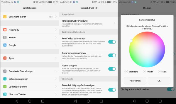 Die Neuerungen in EMUI 4.2: Geänderte Sortierung in den Einstllungen, Steuerung per Finderabdrucksensor und einfachere Auswahl der Farbtemperatur